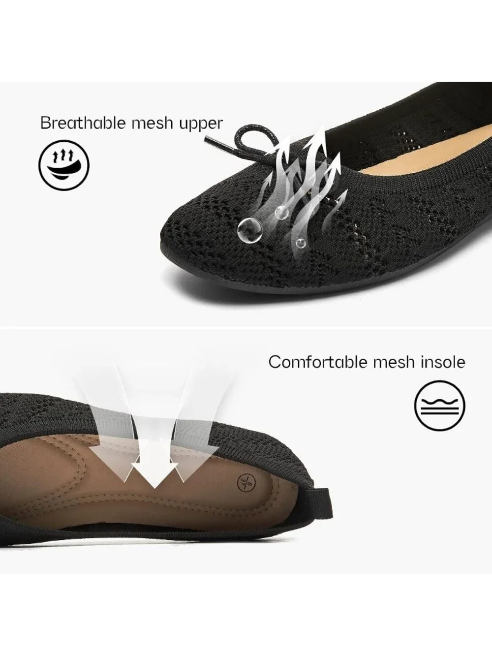 Women's Black Crochet Lace Round Toe Solid Comfortable Low Heel Ballet Flats